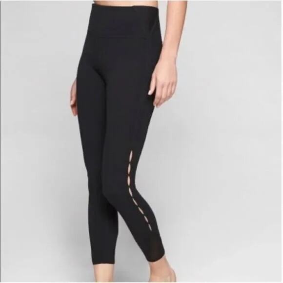 Athleta Black Yoga Leggings Side Cut Out Mesh-Hem Size M - Picture 8 of 9